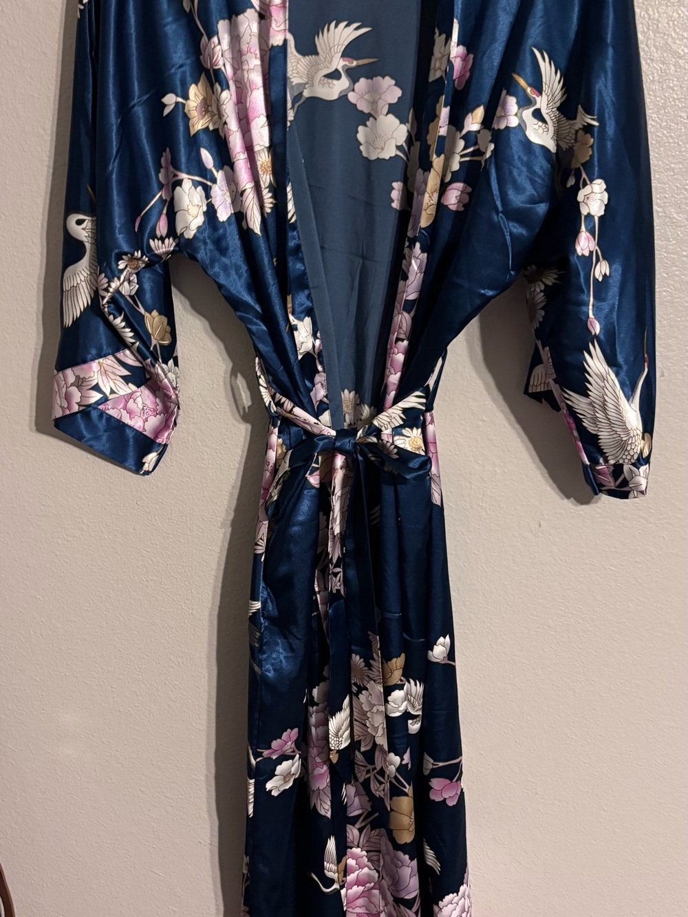 Navy Floral Crane Kimono Robe with Sash